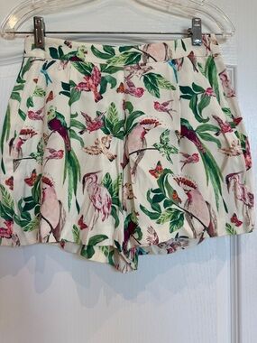 Ann Taylor Tropical Bird Print High Waist Shorts - Cream with Green & Pink